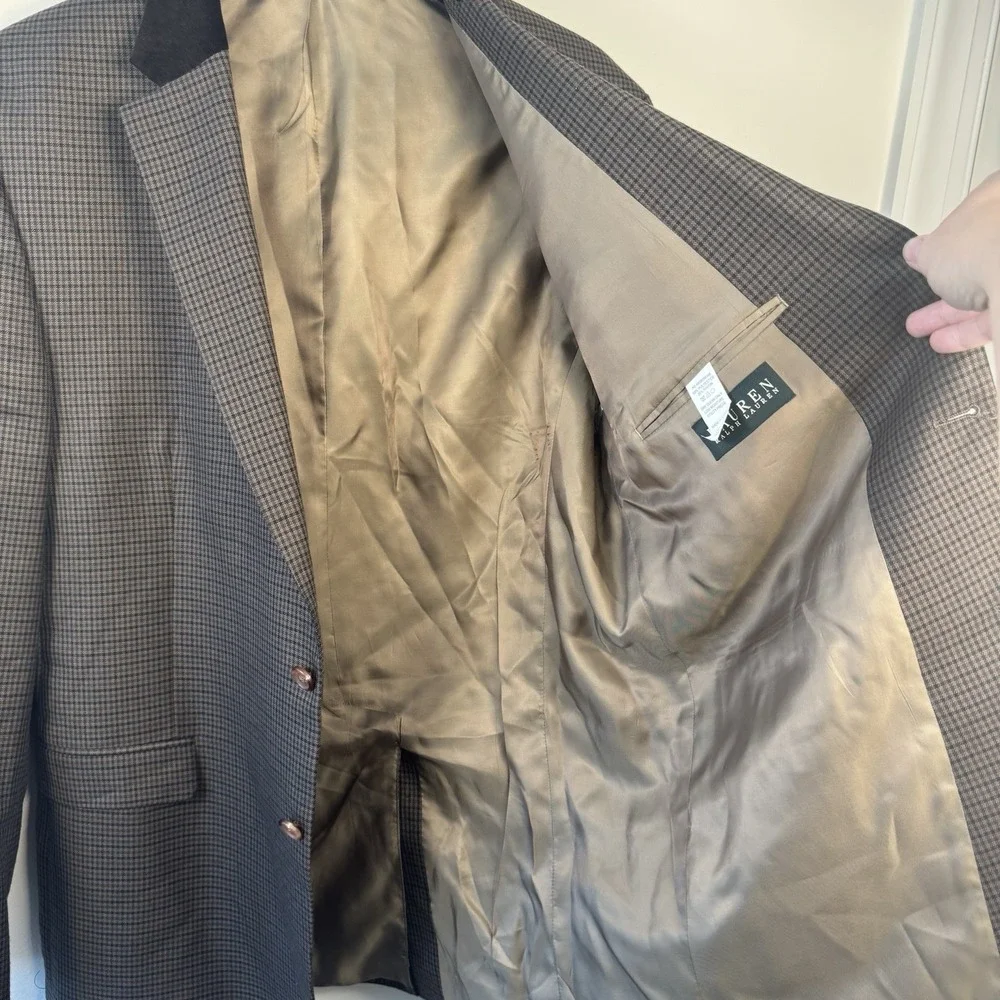 Lauren Ralph Lauren Men's Blazer Sport Coat 46L Brown Houndstooth Velvet Collar